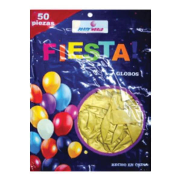 Globo cromado 12" Fiesta Oro bolsa con 50