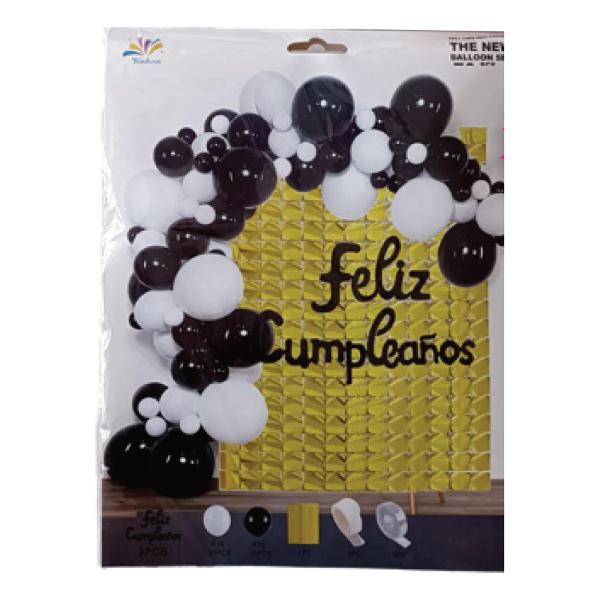 Kit de globos 72 piezas Negro con blanco Feliz Cumpleaños